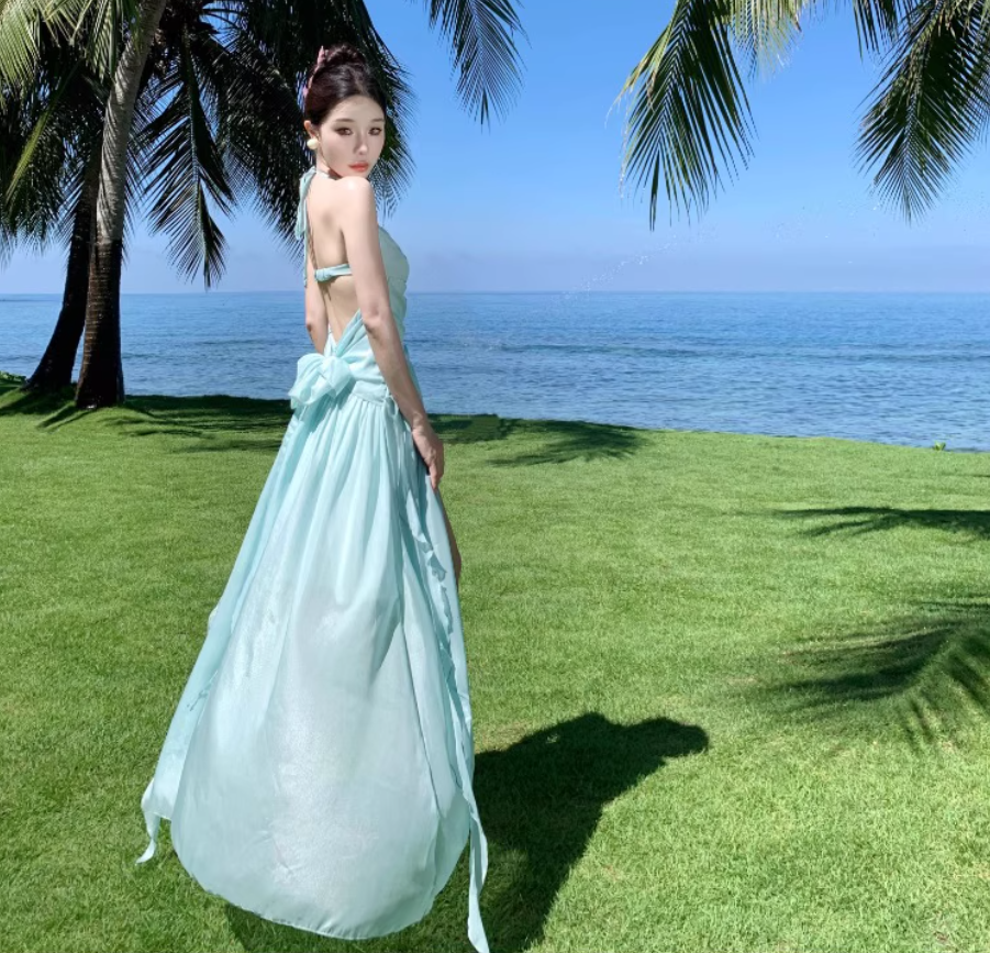 2025 Flowy Beach Vacation Hollow-Out Dress Natural Waist Halter Long Dress AP0440