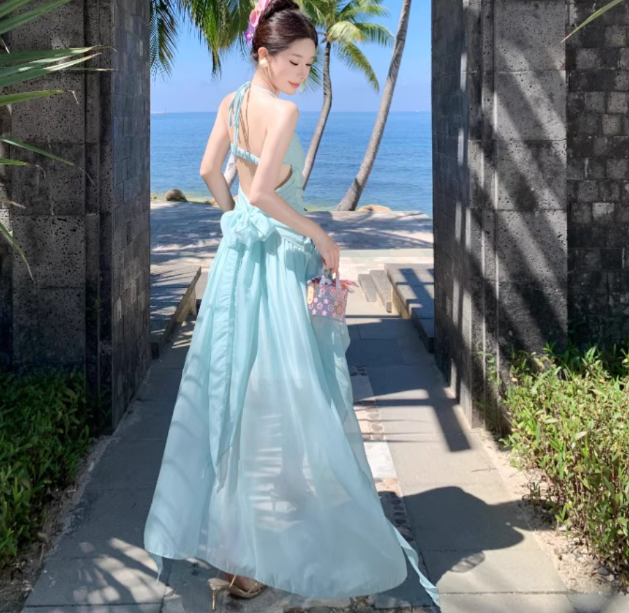 2025 Flowy Beach Vacation Hollow-Out Dress Natural Waist Halter Long Dress AP0440