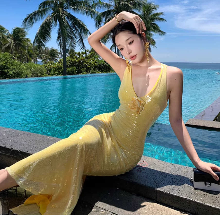 Vacation Photo Slit Bodycon Mermaid Maxi Sequin Sparkle Long Dress AP0441
