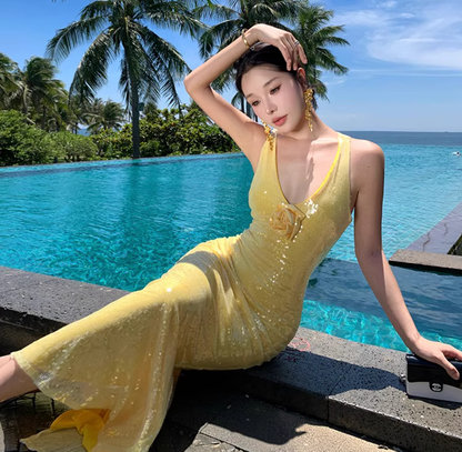 Vacation Photo Slit Bodycon Mermaid Maxi Sequin Sparkle Long Dress AP0441