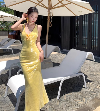 Vacation Photo Slit Bodycon Mermaid Maxi Sequin Sparkle Long Dress AP0441