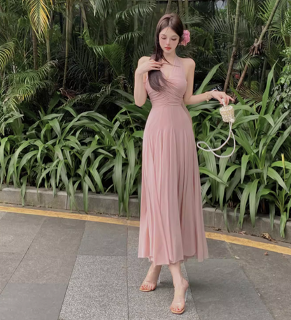 Beach Ethereal Breathable Maxi Dress Backless V Neck Open Back Halter Long Dress AP0442