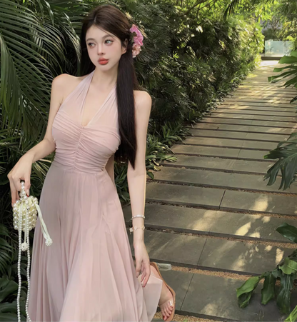 Beach Ethereal Breathable Maxi Dress Backless V Neck Open Back Halter Long Dress AP0442