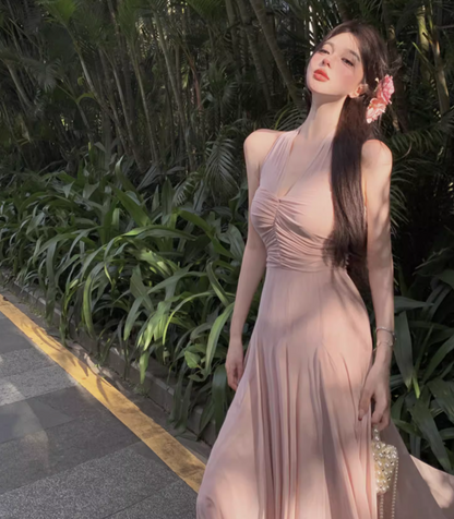 Beach Ethereal Breathable Maxi Dress Backless V Neck Open Back Halter Long Dress AP0442