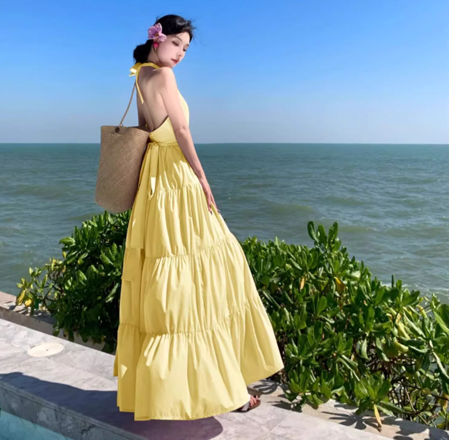 2025 Vacation Sleeveless Backless  Maxi Dress Beach Photo Casual Halter Dress  AP0443