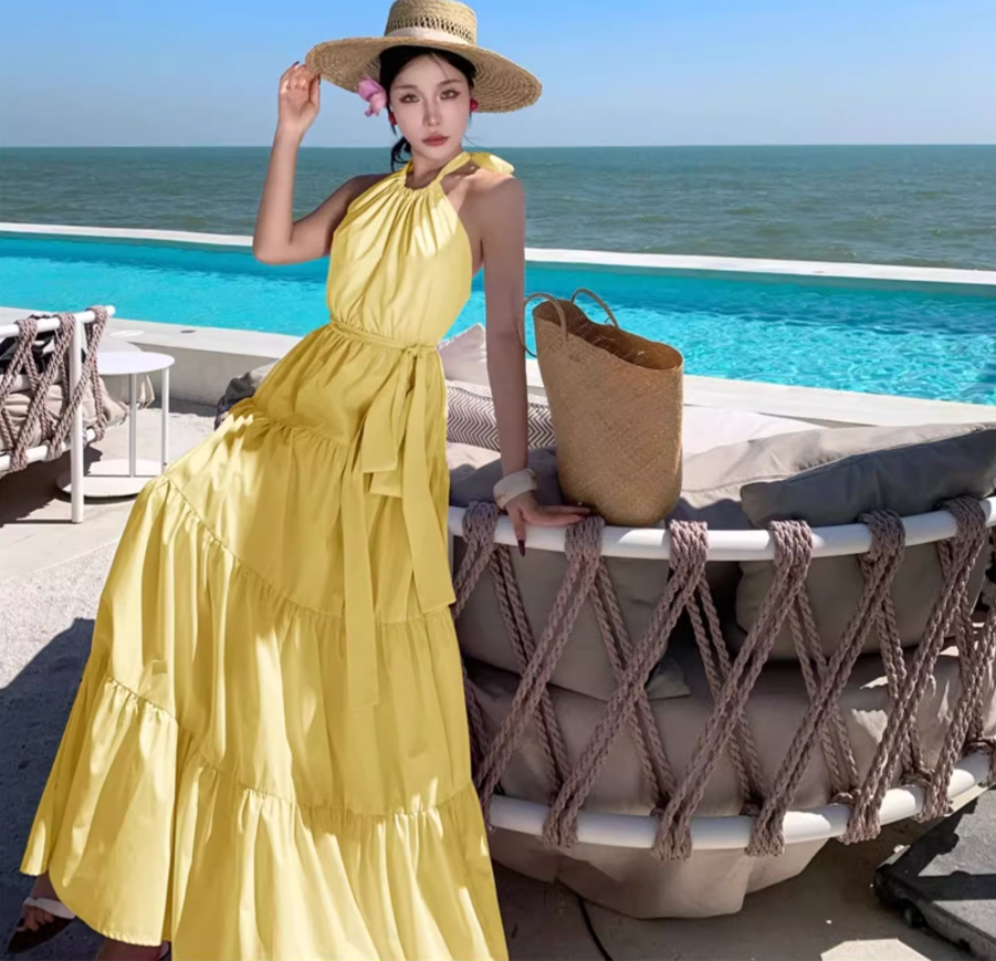 2025 Vacation Sleeveless Backless  Maxi Dress Beach Photo Casual Halter Dress  AP0443