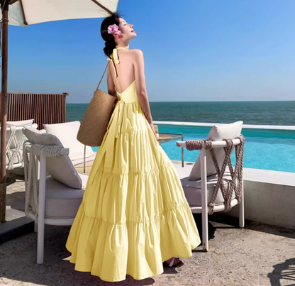 2025 Vacation Sleeveless Backless  Maxi Dress Beach Photo Casual Halter Dress  AP0443