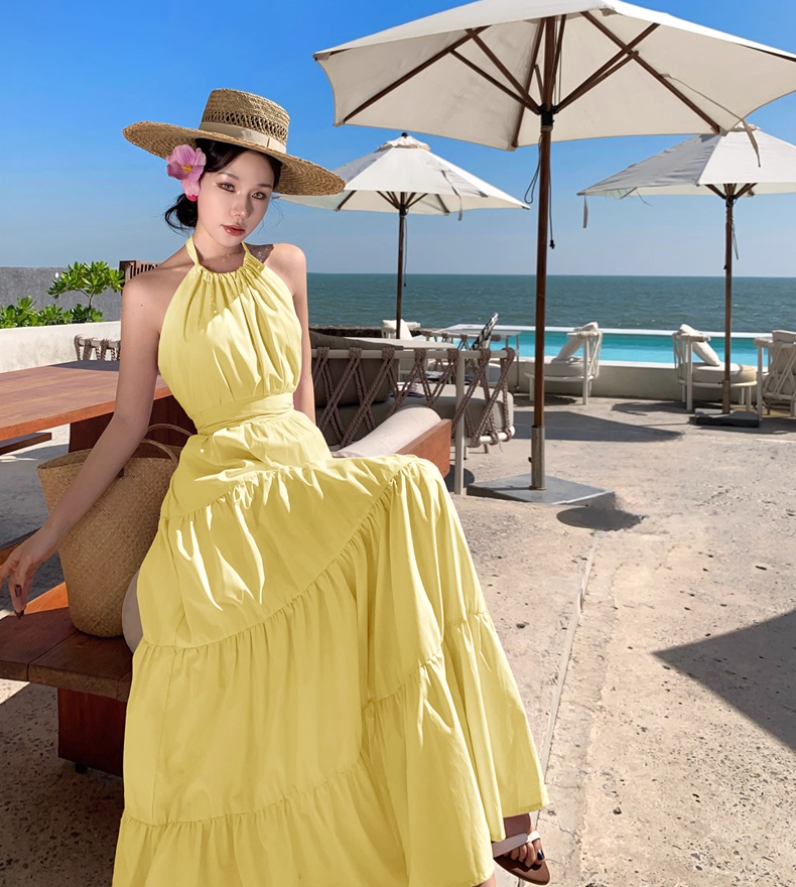 2025 Vacation Sleeveless Backless  Maxi Dress Beach Photo Casual Halter Dress  AP0443