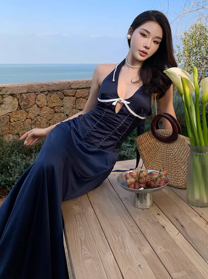 V Neck Vacation Midi Dress Backless Seaside Hollow-Out Halter Long Dress AP0444