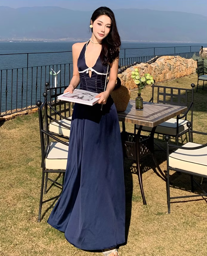 V Neck Vacation Midi Dress Backless Seaside Hollow-Out Halter Long Dress AP0444