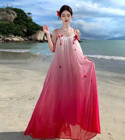 Vibrant Rose Red Gradient Maxi Dress Bright Summer Hot Girls Long Dress AP0445