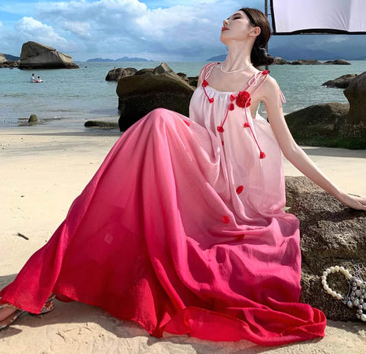 Vibrant Rose Red Gradient Maxi Dress Bright Summer Hot Girls Long Dress AP0445
