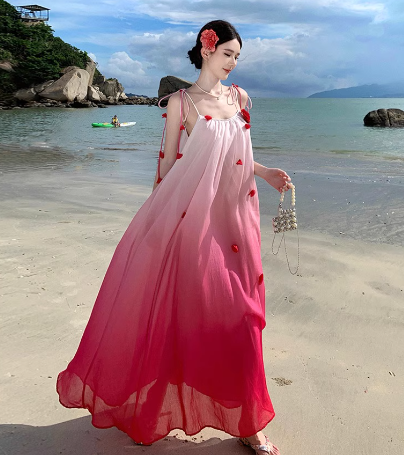 Vibrant Rose Red Gradient Maxi Dress Bright Summer Hot Girls Long Dress AP0445