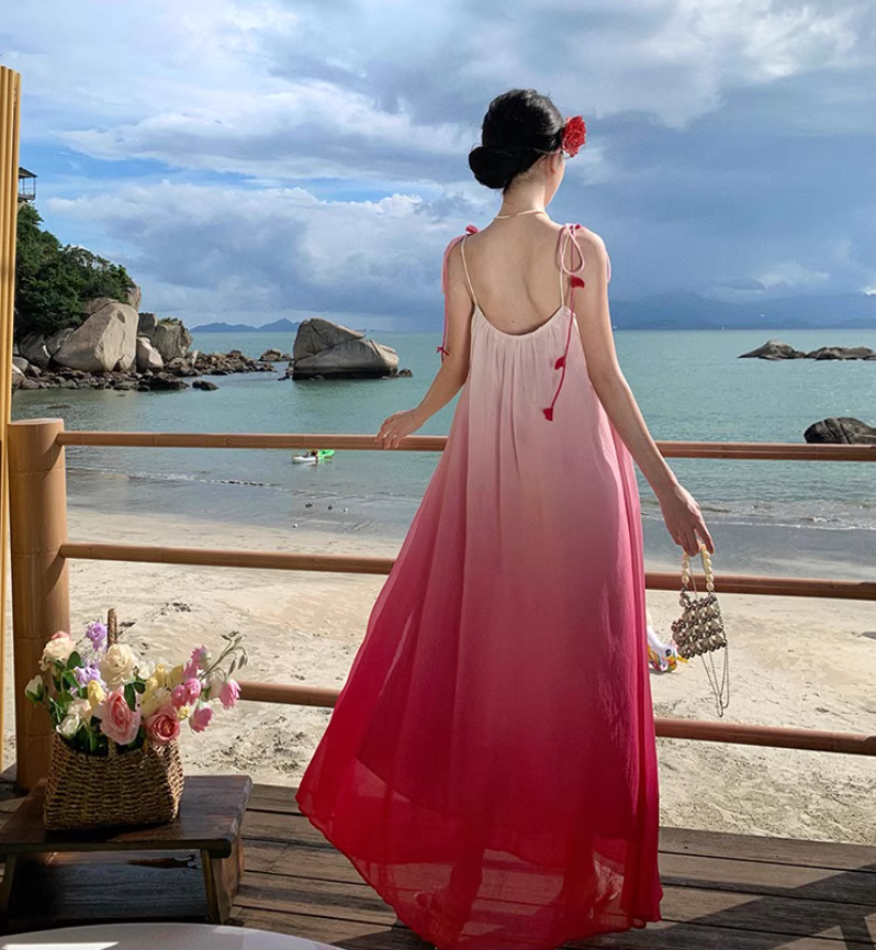 Vibrant Rose Red Gradient Maxi Dress Bright Summer Hot Girls Long Dress AP0445