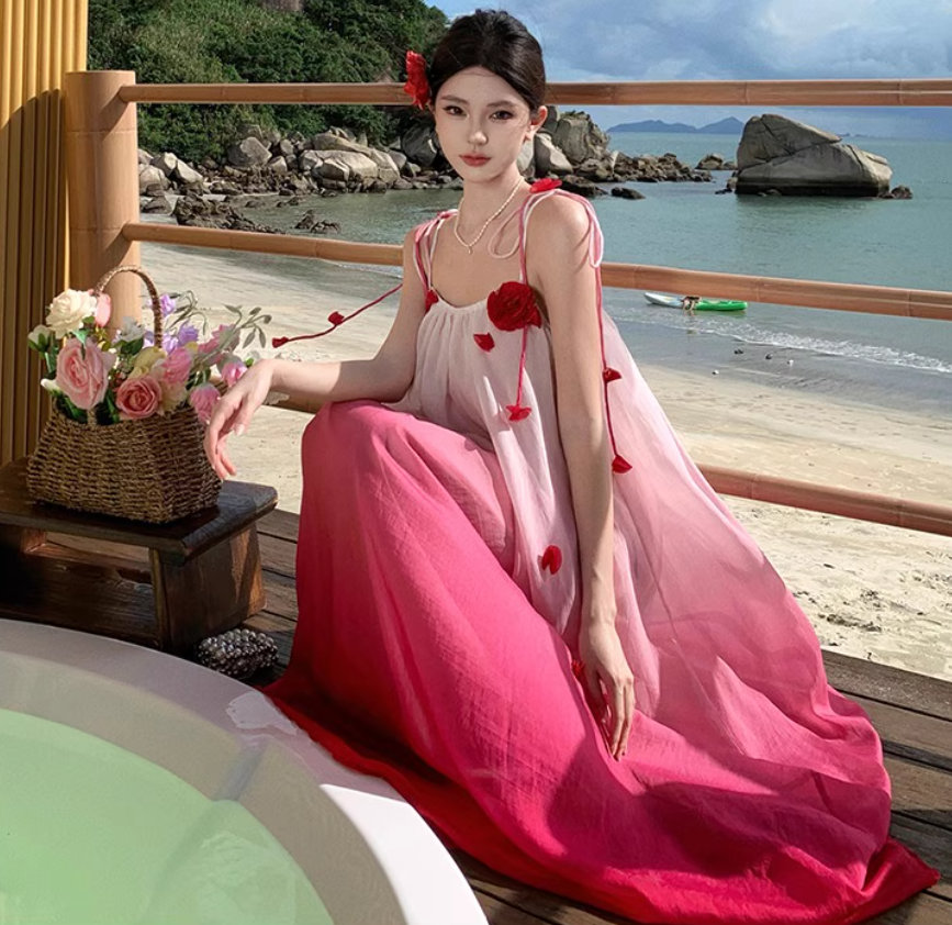 Vibrant Rose Red Gradient Maxi Dress Bright Summer Hot Girls Long Dress AP0445