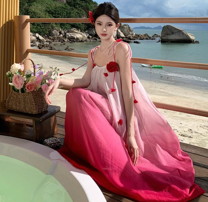 Vibrant Rose Red Gradient Maxi Dress Bright Summer Hot Girls Long Dress AP0445