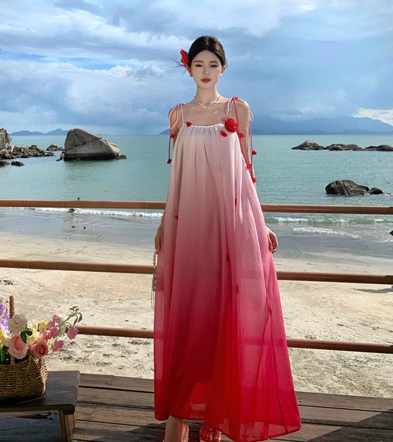 Vibrant Rose Red Gradient Maxi Dress Bright Summer Hot Girls Long Dress AP0445