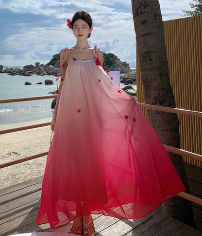 Vibrant Rose Red Gradient Maxi Dress Bright Summer Hot Girls Long Dress AP0445