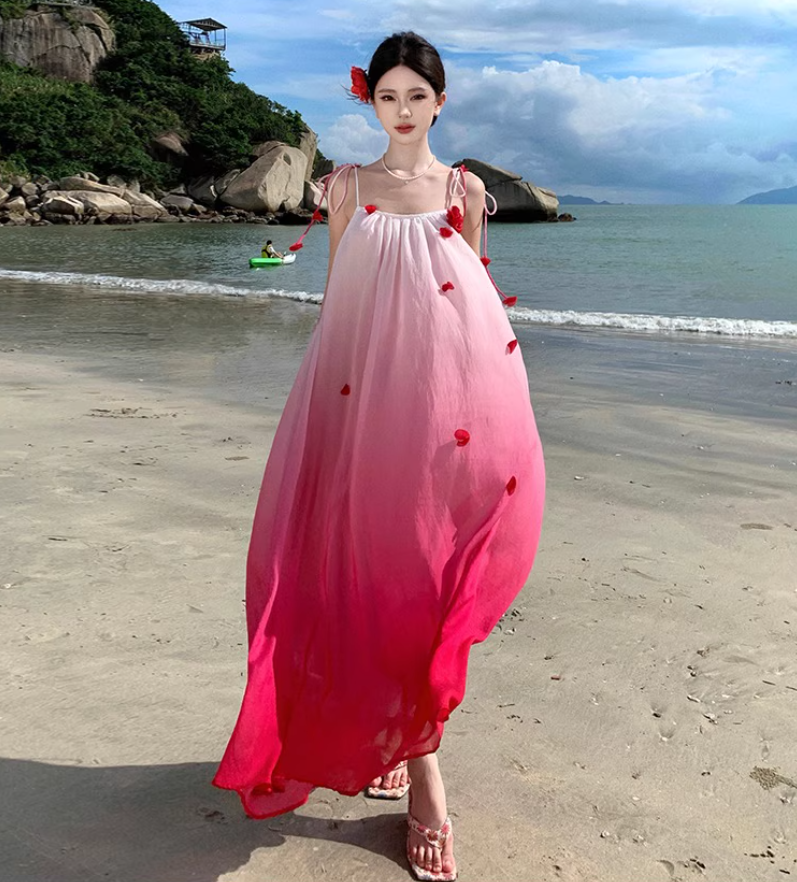 Vibrant Rose Red Gradient Maxi Dress Bright Summer Hot Girls Long Dress AP0445