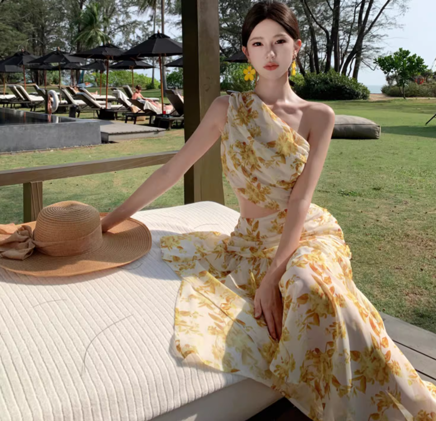 Summer Floral Print Asymmetrical Hem Maxi Dress Open Waist One Shoulder Long Dress AP0446