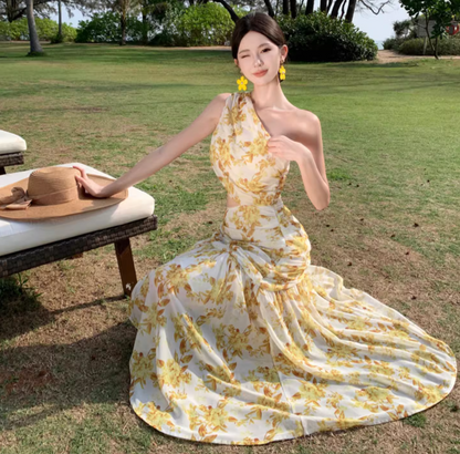 Summer Floral Print Asymmetrical Hem Maxi Dress Open Waist One Shoulder Long Dress AP0446