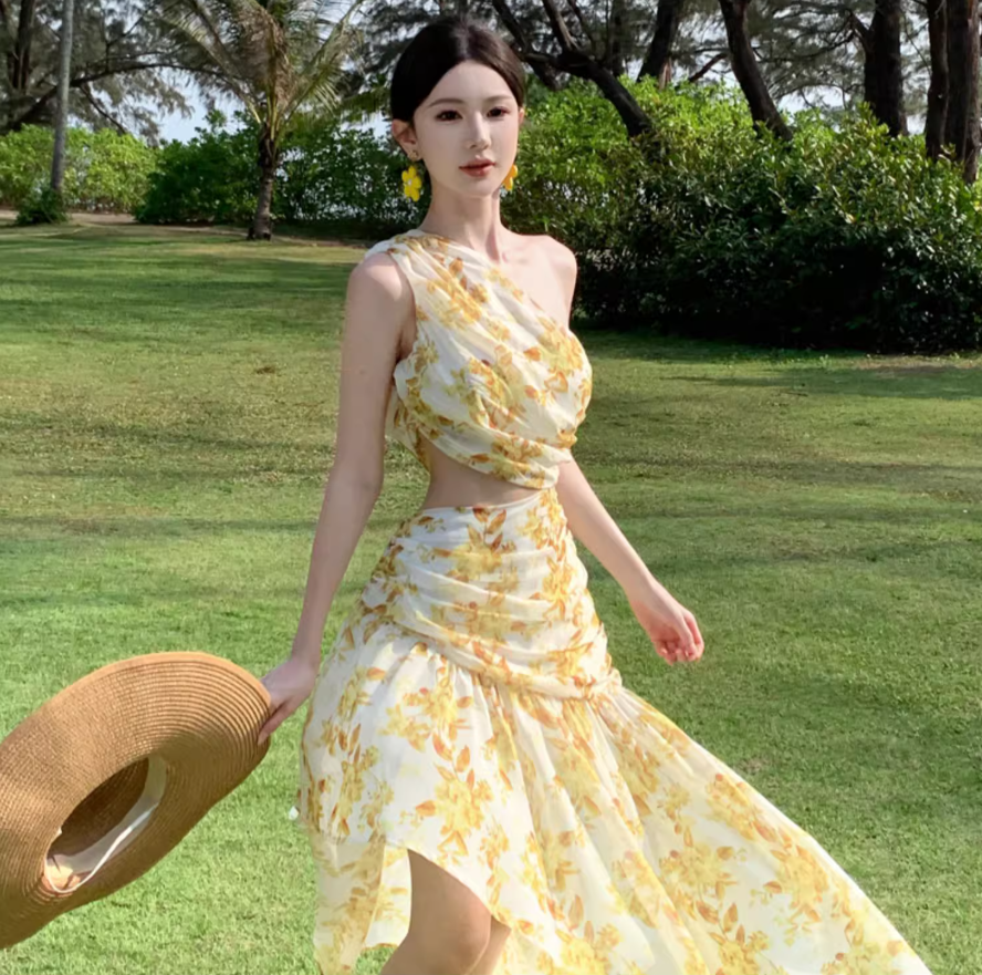 Summer Floral Print Asymmetrical Hem Maxi Dress Open Waist One Shoulder Long Dress AP0446
