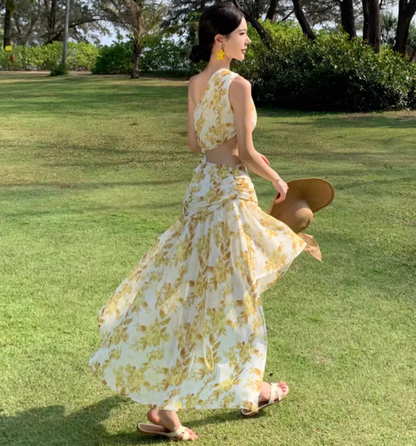 Summer Floral Print Asymmetrical Hem Maxi Dress Open Waist One Shoulder Long Dress AP0446
