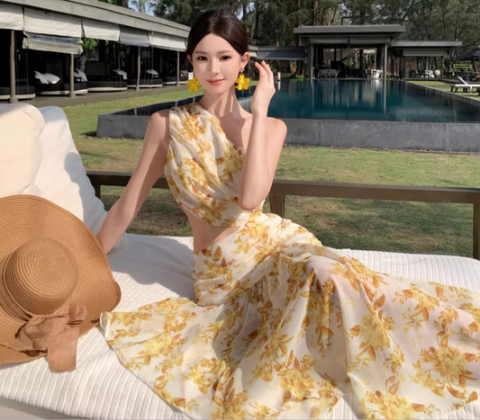 Summer Floral Print Asymmetrical Hem Maxi Dress Open Waist One Shoulder Long Dress AP0446