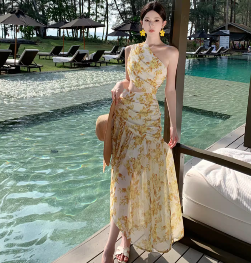 Summer Floral Print Asymmetrical Hem Maxi Dress Open Waist One Shoulder Long Dress AP0446