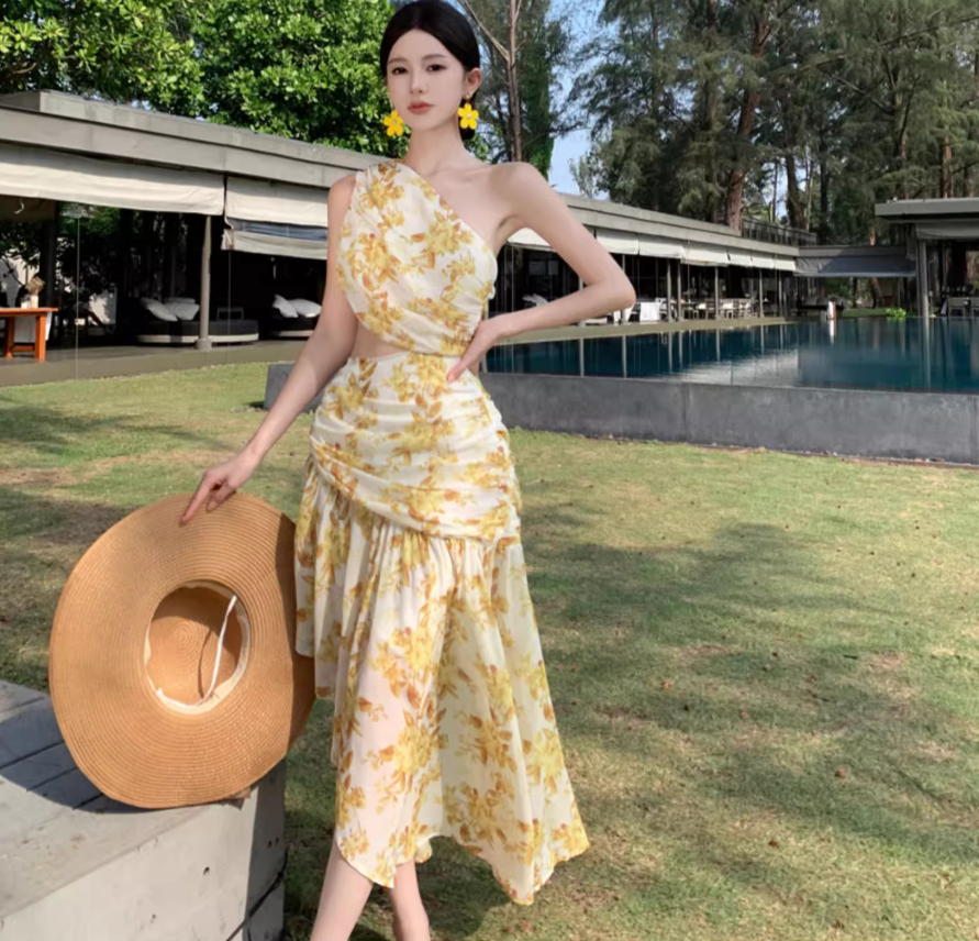 Summer Floral Print Asymmetrical Hem Maxi Dress Open Waist One Shoulder Long Dress AP0446