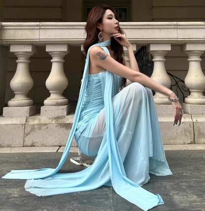 Stretch Tulle Strapless Cinched Waist Dress Vibrant Draped Long Mermaid Dress AP0447