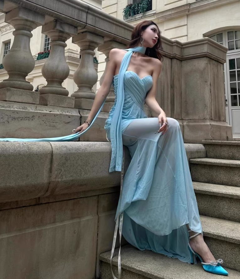 Stretch Tulle Strapless Cinched Waist Dress Vibrant Draped Long Mermaid Dress AP0447