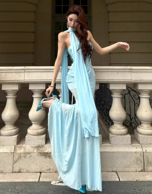 Stretch Tulle Strapless Cinched Waist Dress Vibrant Draped Long Mermaid Dress AP0447