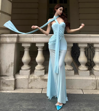 Stretch Tulle Strapless Cinched Waist Dress Vibrant Draped Long Mermaid Dress AP0447