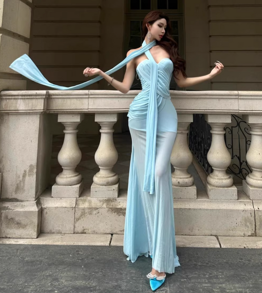 Stretch Tulle Strapless Cinched Waist Dress Vibrant Draped Long Mermaid Dress AP0447