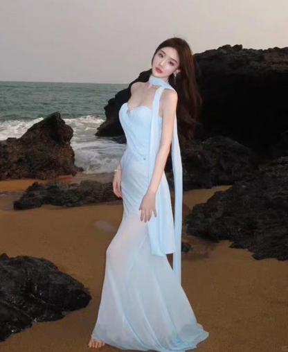 Stretch Tulle Strapless Cinched Waist Dress Vibrant Draped Long Mermaid Dress AP0447