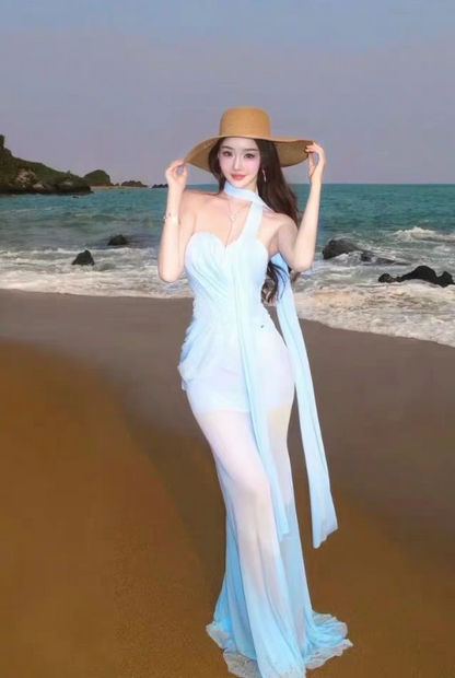 Stretch Tulle Strapless Cinched Waist Dress Vibrant Draped Long Mermaid Dress AP0447