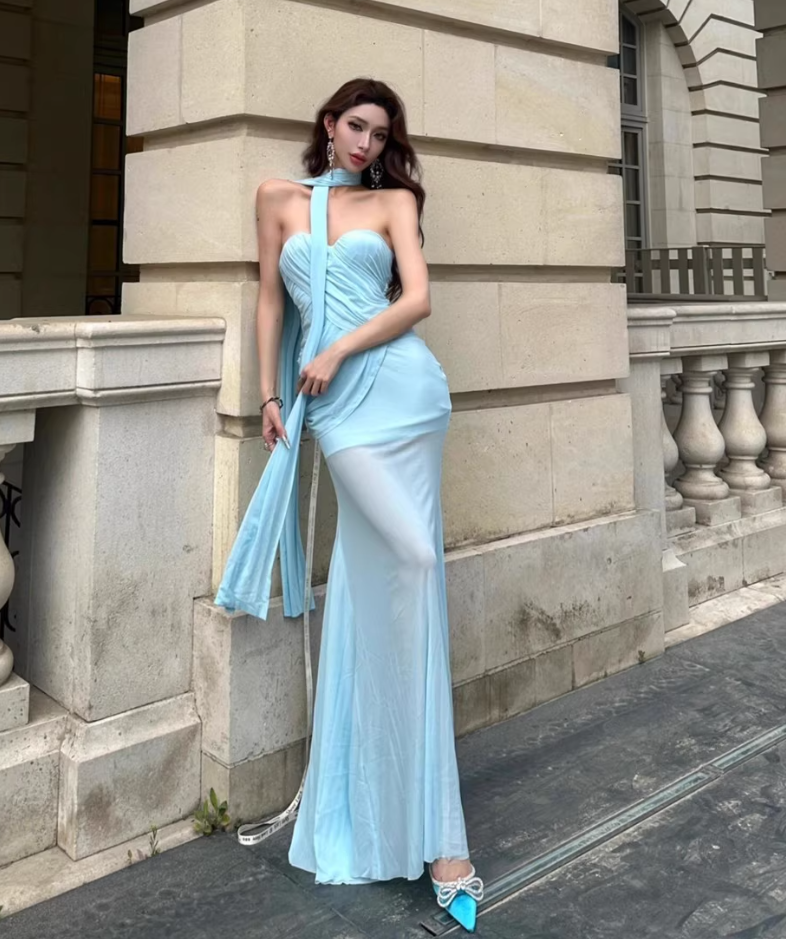 Stretch Tulle Strapless Cinched Waist Dress Vibrant Draped Long Mermaid Dress AP0447