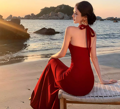 High-Slit Vacation Flowy Beach Dress Vibrant Waist-Cinching Sleeveless Halter Dress AP0448