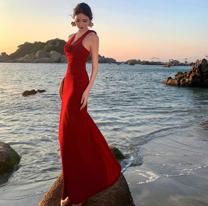 High-Slit Vacation Flowy Beach Dress Vibrant Waist-Cinching Sleeveless Halter Dress AP0448