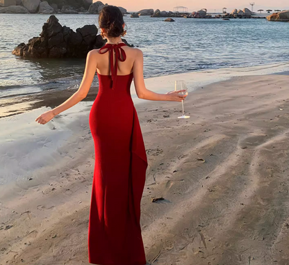 High-Slit Vacation Flowy Beach Dress Vibrant Waist-Cinching Sleeveless Halter Dress AP0448