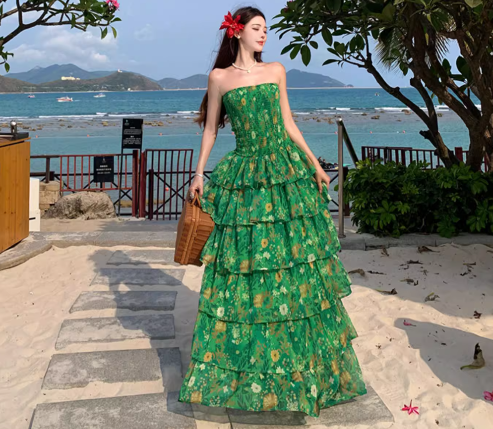 Stretch Fabric Strapless Layered Cake Dress Vibrant Strapless Floral Green Long Dress AP0449