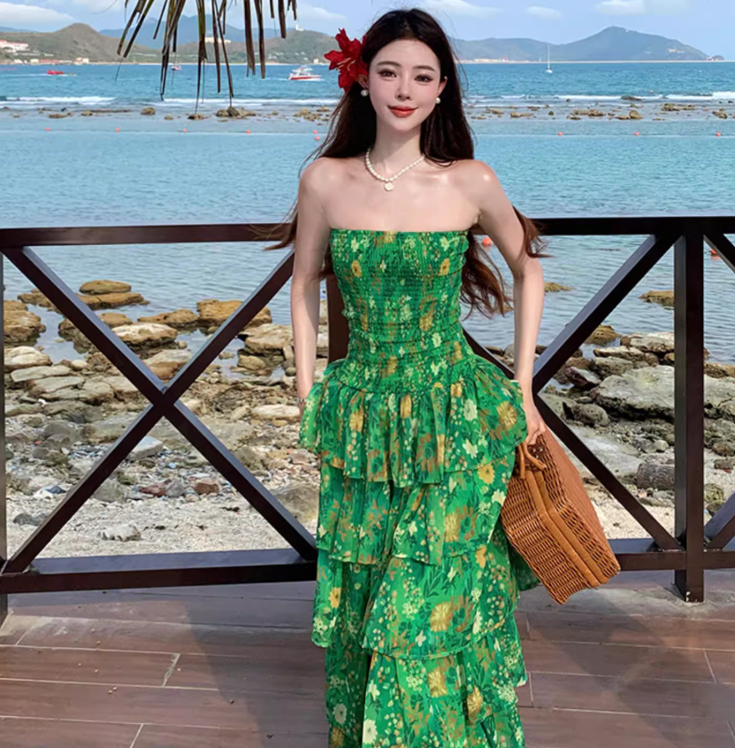 Stretch Fabric Strapless Layered Cake Dress Vibrant Strapless Floral Green Long Dress AP0449