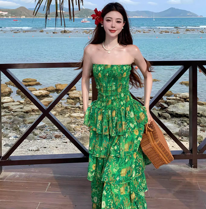 Stretch Fabric Strapless Layered Cake Dress Vibrant Strapless Floral Green Long Dress AP0449