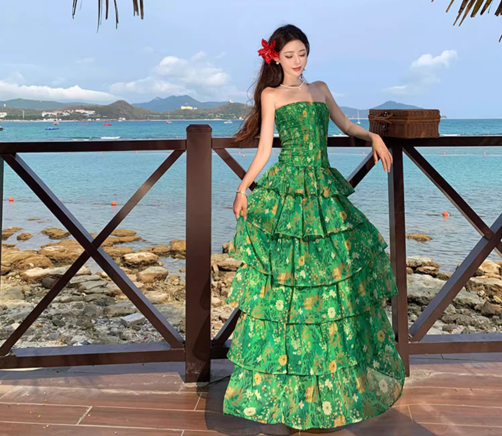 Stretch Fabric Strapless Layered Cake Dress Vibrant Strapless Floral Green Long Dress AP0449