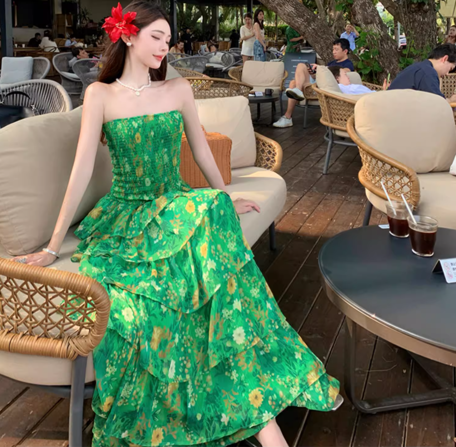 Stretch Fabric Strapless Layered Cake Dress Vibrant Strapless Floral Green Long Dress AP0449