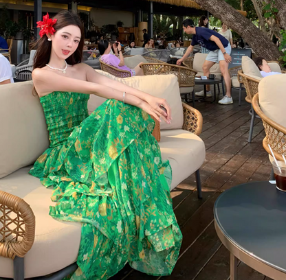 Stretch Fabric Strapless Layered Cake Dress Vibrant Strapless Floral Green Long Dress AP0449