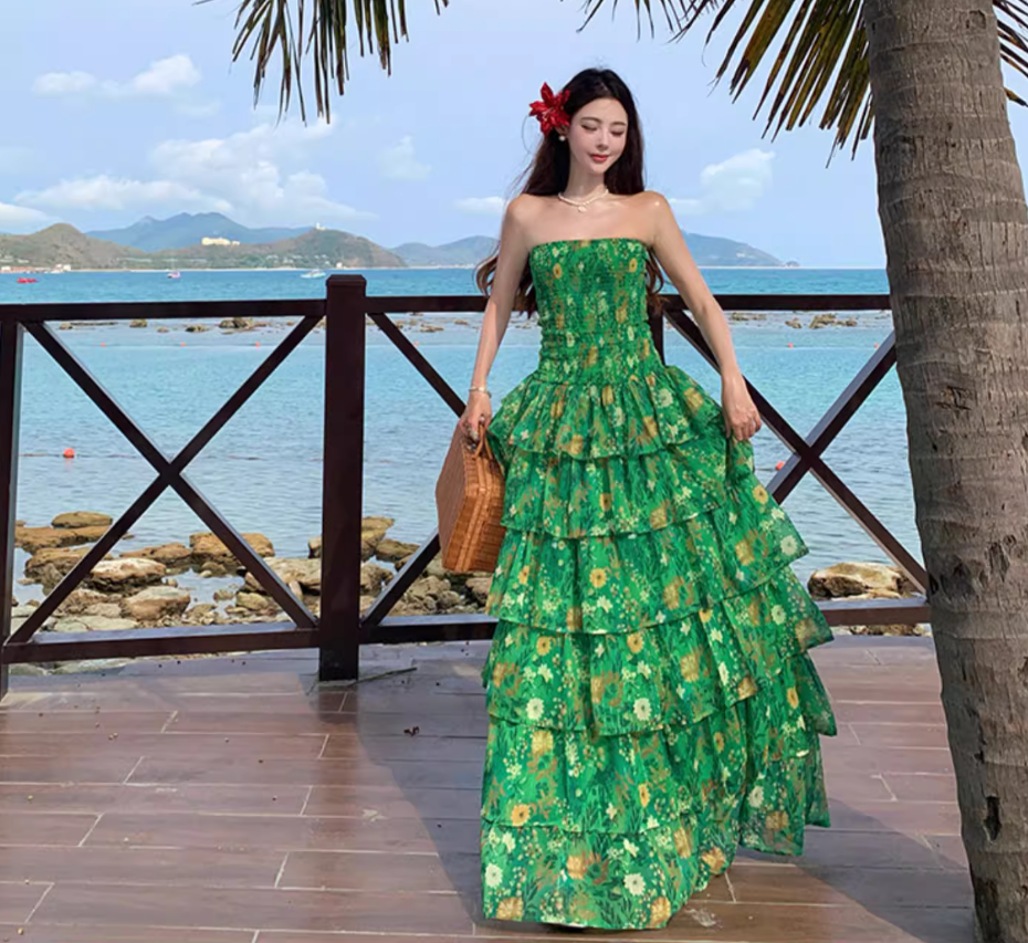 Stretch Fabric Strapless Layered Cake Dress Vibrant Strapless Floral Green Long Dress AP0449