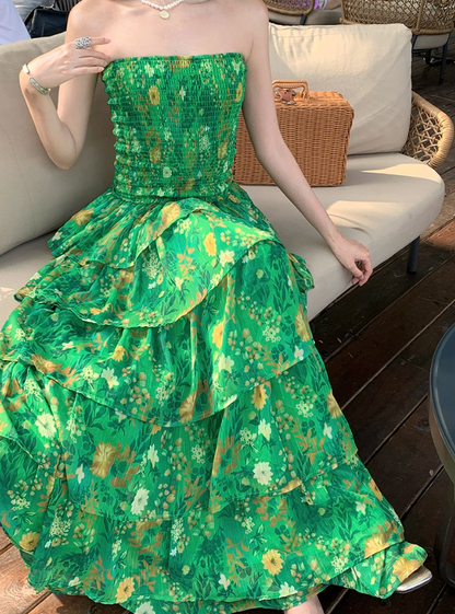 Stretch Fabric Strapless Layered Cake Dress Vibrant Strapless Floral Green Long Dress AP0449