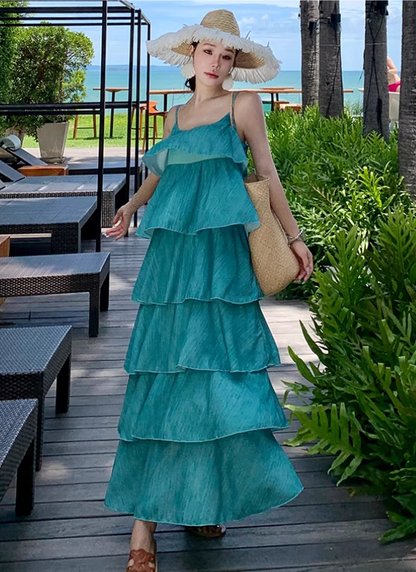 Flattering Vibrant Soft Gradient Maxi Dress Bright Summer Tiered Long Dress AP0450